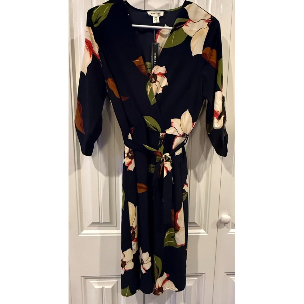 NWT Monteau Los Angeles Floral Wrap Dress Women's M Navy Boho Long Sleeve Tie